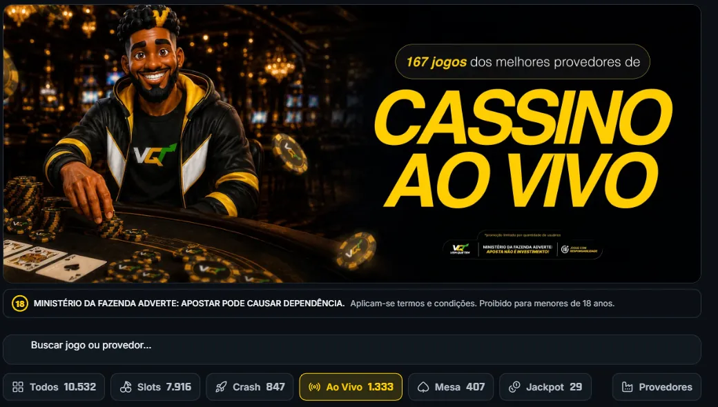 Categoria Ao Vivo no lobby da Vem Que Tem com 1.333 jogos
