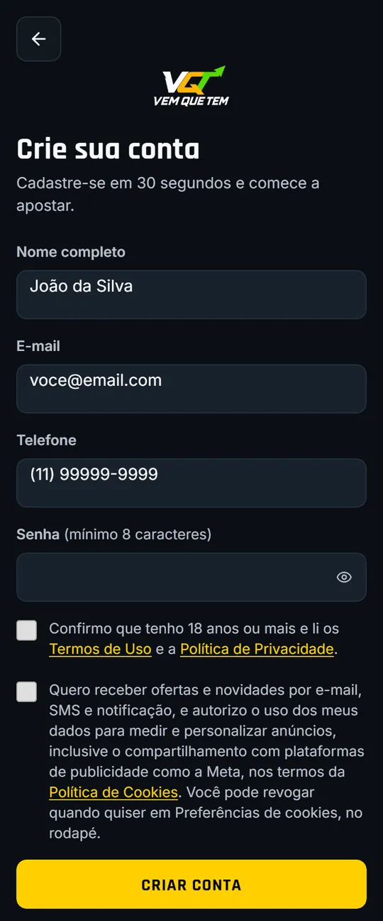 Formulário de cadastro com nome completo, e-mail, telefone e senha