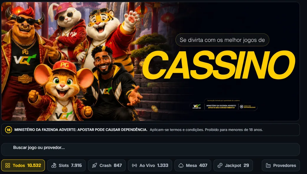 Lobby do cassino com busca por jogo ou provedor e as categorias Slots, Crash, Ao Vivo, Mesa e Jackpot