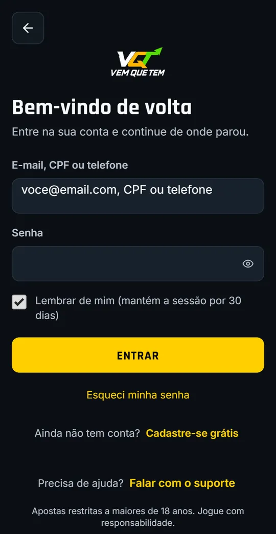 Tela de login com e-mail, CPF ou telefone e a opção Lembrar de mim
