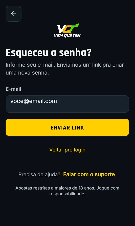 Tela Esqueceu a senha com o campo de e-mail para receber o link